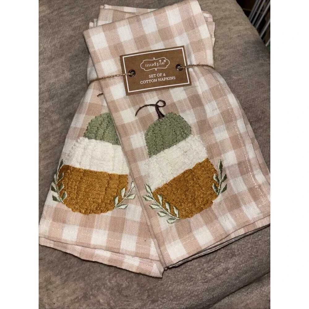 NWT Mudpie Pumpkin Fall Embroidered Gingham Set Of Four Napkins